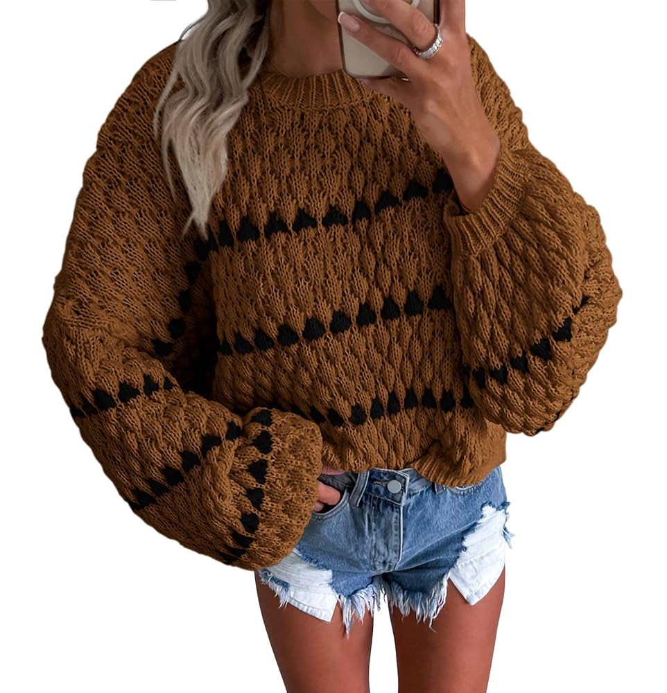 Okiwam Womens Long Sleeve Sweaters Crew Neck Striped Color